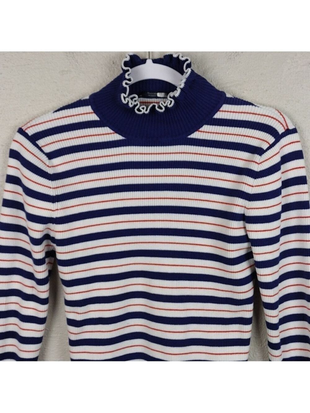 Scotch & Soda Red White Blue Striped Mock Neck Long Sleeve Ribbed Knit Top - Picture 2 of 12